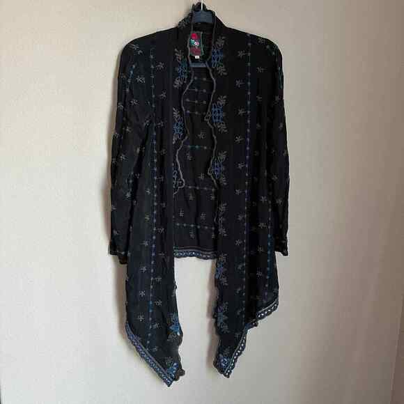 Johnny Was Open Front Embroidered Cardigan Sheer Black Blue Floral High Low Hem - Picture 2 of 10
